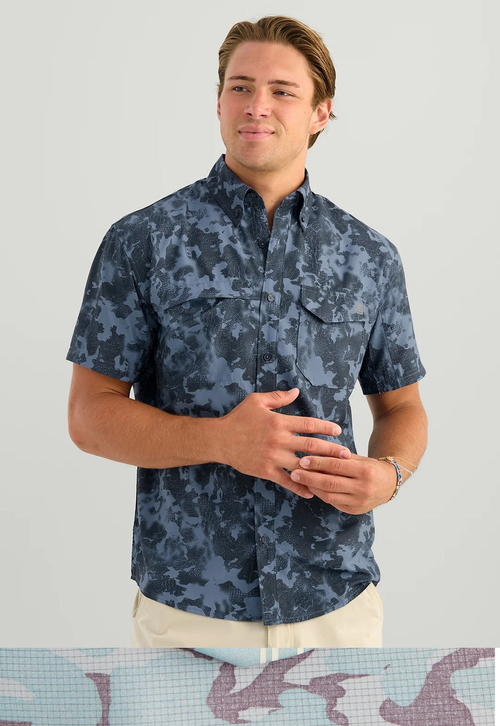 HUK Men's KC Tide Point Short Sleeve Button-Down, Stormy Blue Tideloom Camo H1500221-415