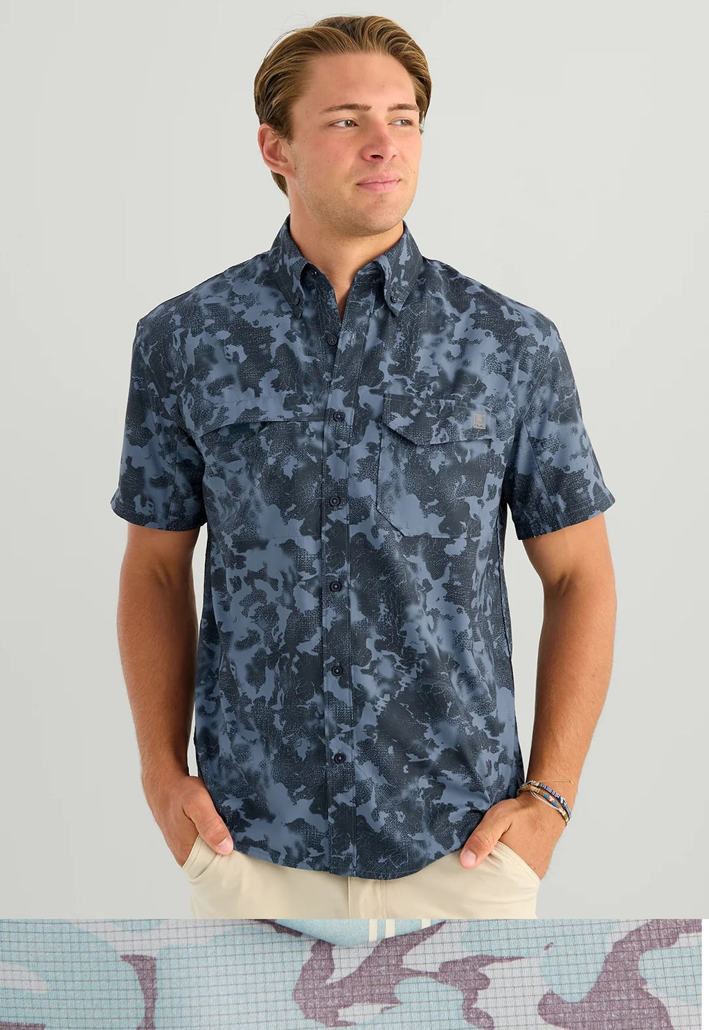 HUK Men's KC Tide Point Short Sleeve Button-Down, Stormy Blue Tideloom Camo H1500221-415