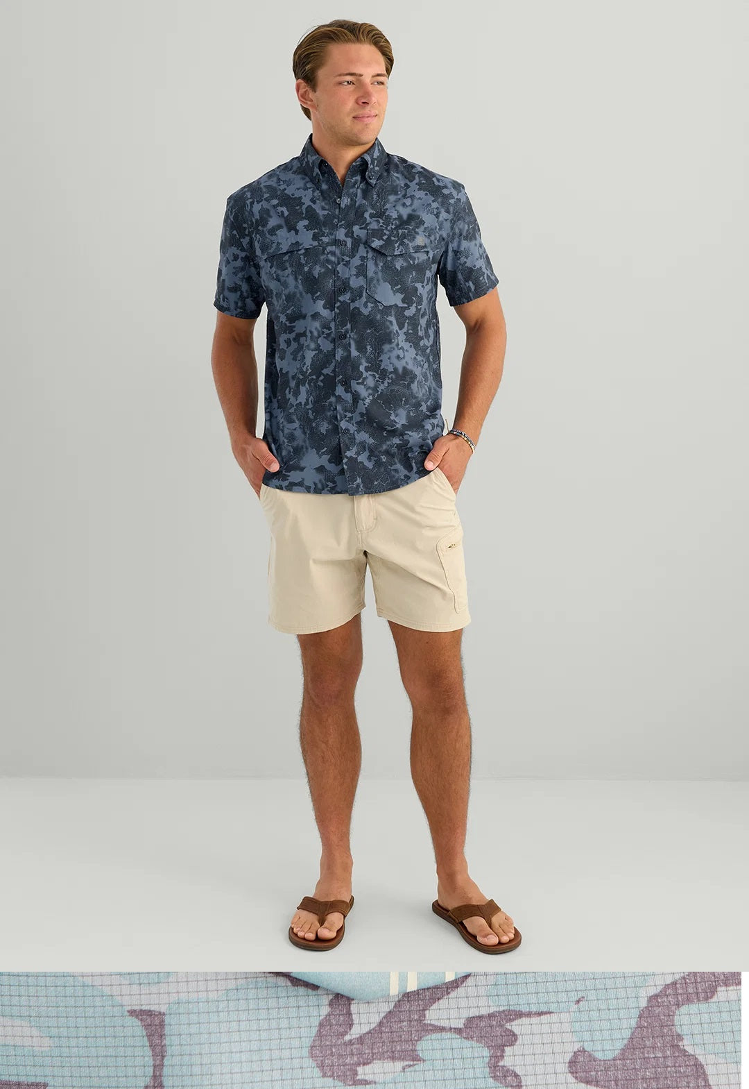 HUK Men's KC Tide Point Short Sleeve Button-Down, Stormy Blue Tideloom Camo H1500221-415