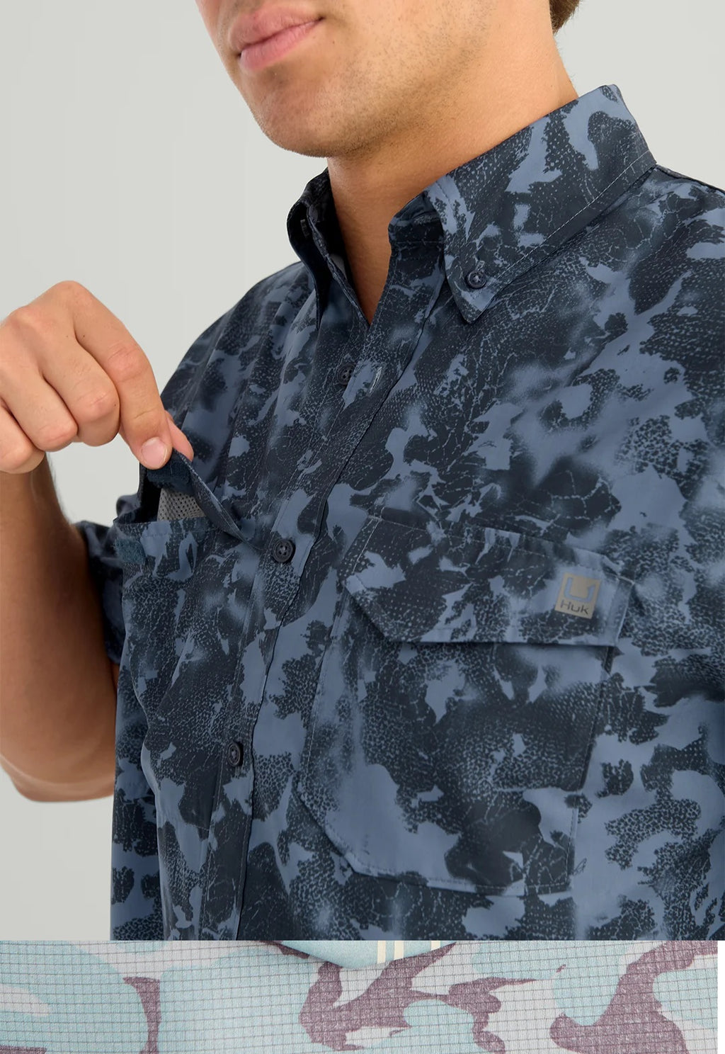 HUK Men's KC Tide Point Short Sleeve Button-Down, Stormy Blue Tideloom Camo H1500221-415