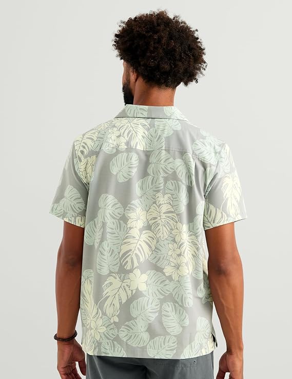 HUK Men's Camp Shirt, UPF 30+ Quick Dry Button-up, Sharkskin Palm Leaf H1500261-028