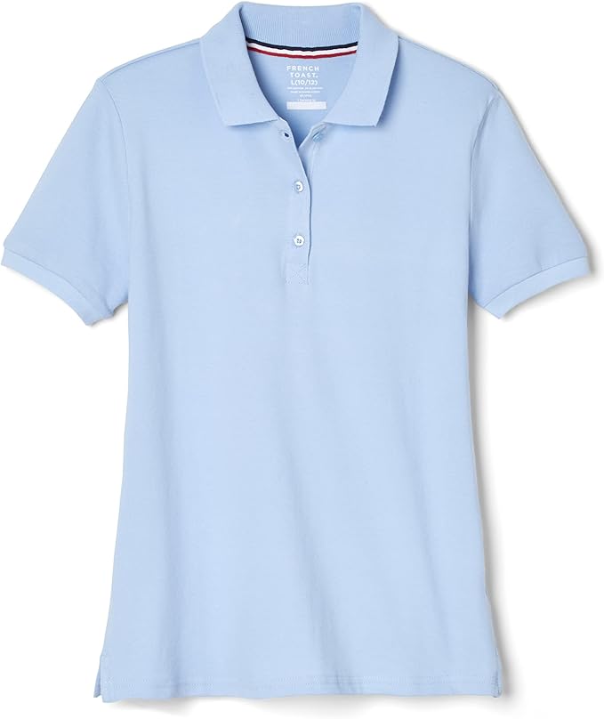 French Toast Women's Juniors' Short Sleeve Stretch Pique Polo Shirt, Light Blue SA9403W-B
