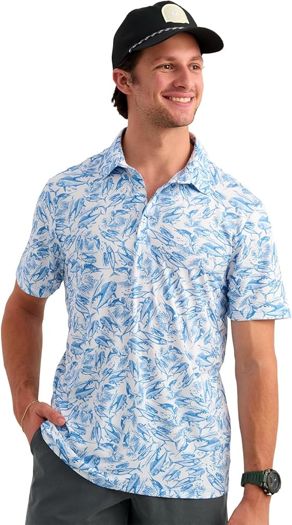 HUK Men's Pursuit Pattern, Performance Short Sleeve Polo Shirt, Regatta Fish Chaos H1200635-431