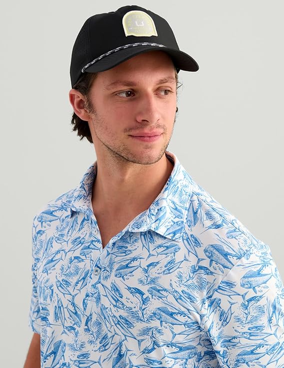 HUK Men's Pursuit Pattern, Performance Short Sleeve Polo Shirt, Regatta Fish Chaos H1200635-431